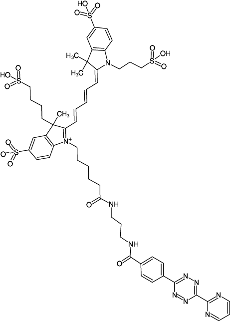 Structural formula of Pyrimidyl-Tetrazine-AF647 (Abs/Em = 648/671 nm, N-(3-Aminopropyl)-4-(6-(pyrimidin-2-yl)-1,2,4,5-tetrazin-3-yl)benzamid - AF647)