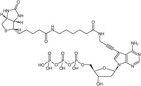 Structural formula of Biotin-11-dATP (γ-[N-(Biotin-6-amino-hexanoyl)]-7-propargylamino-2'-deoxy-7-deaza-adenosine-5'-triphosphate, Triethylammonium salt)