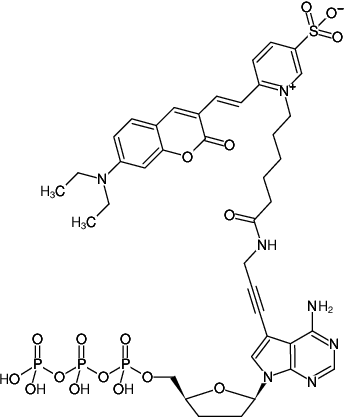 Structural formula of 7-Propargylamino-7-deaza-ddATP-DY-480XL (7-Deaza-7-propargylamino-2',3'-dideoxyadenosine-5'-triphosphate, labeled with DY 480XL, Triethylammonium salt)
