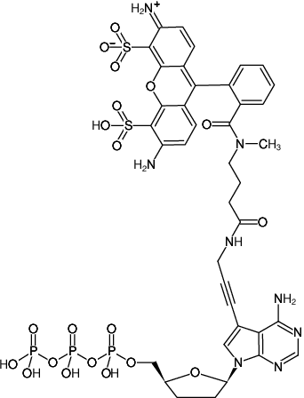 Structural formula of 7-Propargylamino-7-deaza-ddATP-ATTO-488 (7-Deaza-7-propargylamino-2',3'-dideoxyadenosine-5'-triphosphate, labeled with ATTO 488, Triethylammonium salt)