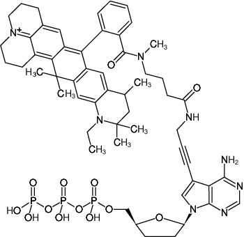 Structural formula of 7-Propargylamino-7-deaza-ddATP-ATTO-647N (7-Deaza-7-propargylamino-2',3'-dideoxyadenosine-5'-triphosphate, labeled with ATTO 647N, Triethylammonium salt)