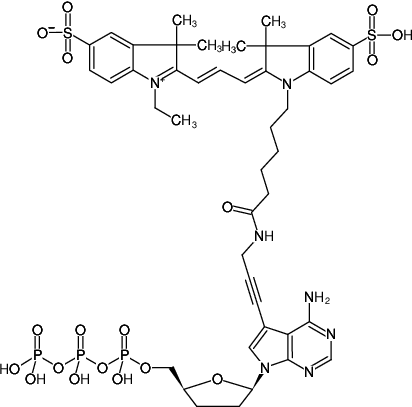 Structural formula of 7-Propargylamino-7-deaza-ddATP-Cy3 (7-Deaza-7-propargylamino-2',3'-dideoxyadenosine-5'-triphosphate, labeled with Cy3, Triethylammonium salt)