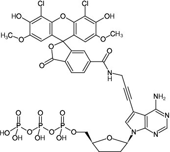 Structural formula of 7-Propargylamino-7-deaza-ddATP-6-JOE (7-Deaza-7-propargylamino-2',3'-dideoxyadenosine-5'-triphosphate, labeled with 6-JOE, Triethylammonium salt)