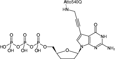 Structural formula of 7-Propargylamino-7-deaza-ddGTP-ATTO-540Q (7-Deaza-7-propargylamino-2',3'-dideoxyguanosine-5'-triphosphate, labeled with ATTO 540Q, Triethylammonium salt)