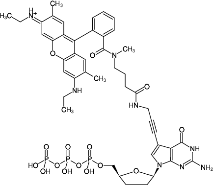 Structural formula of 7-Propargylamino-7-deaza-ddGTP-ATTO-Rho6G (7-Deaza-7-propargylamino-2',3'-dideoxyguanosine-5'-triphosphate, labeled with ATTO Rho6G, Triethylammonium salt)