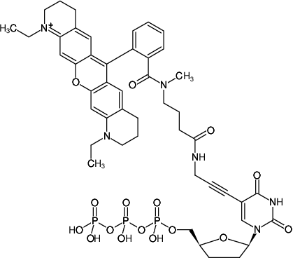 Structural formula of 5-Propargylamino-ddUTP-ATTO-Rho11 (5-Propargylamino-2',3'-dideoxyuridine-5'-triphosphate, labeled with ATTO Rho11, Triethylammonium salt)