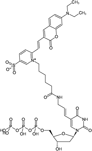 Structural formula of Aminoallyl-dUTP-DY-480XL (5-(3-Aminoallyl)-2'-deoxyuridine-5'-triphosphate, labeled with DY 480XL, Triethylammonium salt)