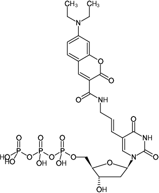 Structural formula of DEAC-dUTP (Aminoallyl-dUTP - DEAC, Diethylaminocoumarin-5-dUTP)