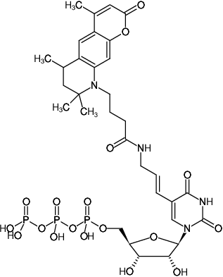 Structural formula of Aminoallyl-UTP-ATTO-390 (5-(3-Aminoallyl)-uridine-5'-triphosphate, labeled with ATTO 390, Triethylammonium salt)