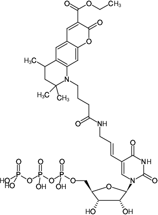 Structural formula of Aminoallyl-UTP-ATTO-425 (5-(3-Aminoallyl)-uridine-5'-triphosphate, labeled with ATTO 425, Triethylammonium salt)