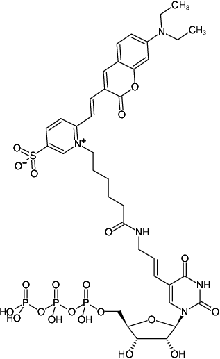 Structural formula of Aminoallyl-UTP-DY-480XL (5-(3-Aminoallyl)-uridine-5'-triphosphate, labeled with DY 480XL, Triethylammonium salt)