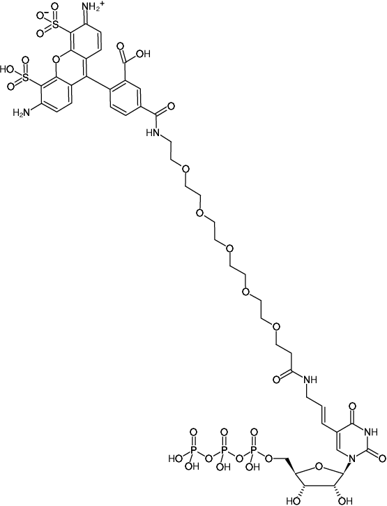 Structural formula of Aminoallyl-UTP-PEG5-AF488 (5-(3-Aminoallyl-PEG5)-uridine-5'-triphosphate, labeled with AF488, Triethylammonium salt)