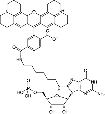 Structural formula of 8-(6-Aminohexyl)-amino-GMP-6-ROX (8-(6-Aminohexyl)-amino-guanosine-5'-monophosphate, labeled with 6-ROX)