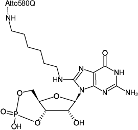 Structural formula of 8-(6-Aminohexyl)-amino-cGMP-ATTO-580Q (8-(6-Aminohexyl)-amino-guanosine-3',5'-cyclic monophosphate, labeled with ATTO 580Q, Triethylammonium salt)