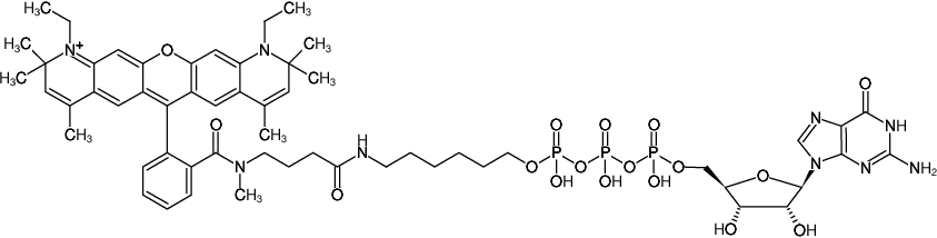 Structural formula of γ-(6-Aminohexyl)-GTP-ATTO-Rho13 (γ-(6-Aminohexyl)-guanosine-5'-triphosphate, labeled with ATTO RHO13, Triethylammonium salt)