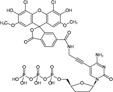 Structural formula of 5-Propargylamino-ddCTP-6-JOE (5-Propargylamino-2',3'-dideoxycytidine-5'-triphosphate, labeled with 6-JOE, Triethylammonium salt)