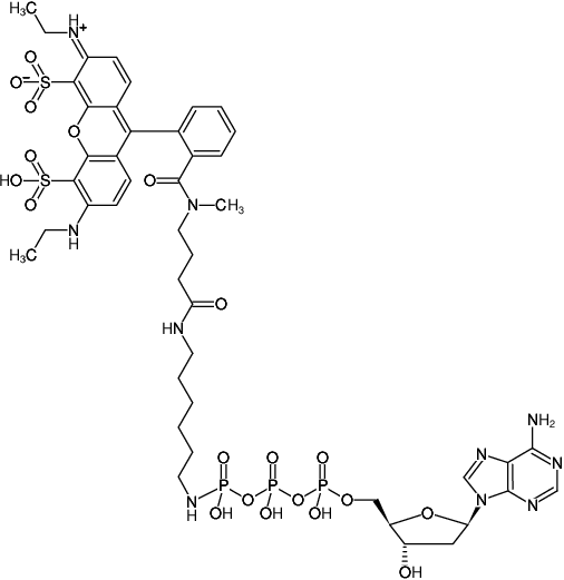 Structural formula of γ-[(6-Aminohexyl)-imido]-dATP-ATTO-532 (γ-[(6-Aminohexyl)-imido]-2'-deoxyadenosine-5'-triphosphate, labeled with ATTO-532, Triethylammonium salt)
